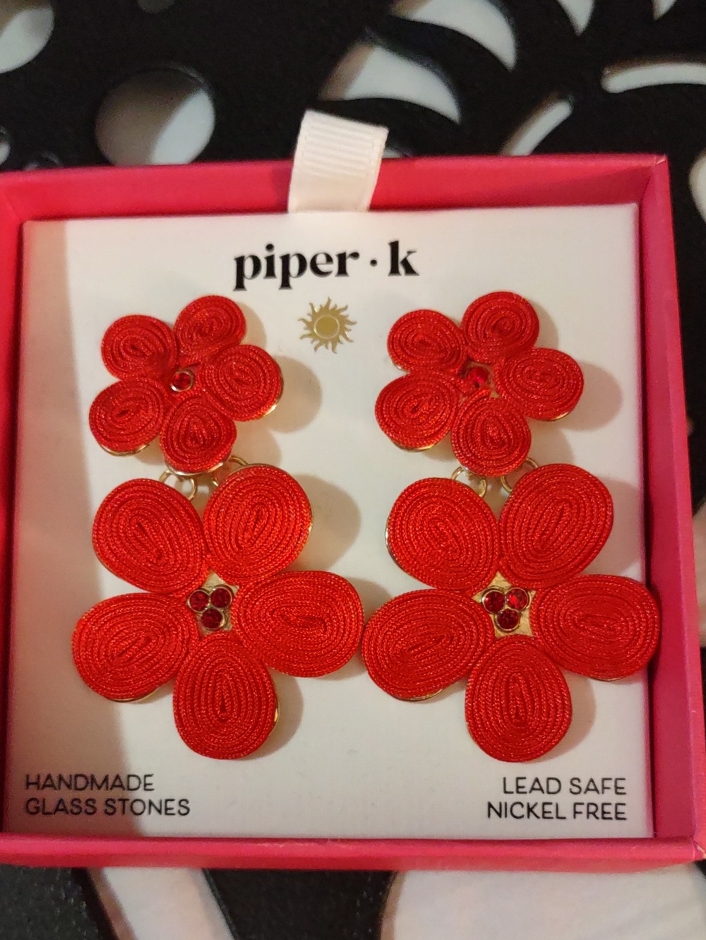 Piper K -NWT Red Woven Cord Floral Statement Drop Earrings Handmade Stones